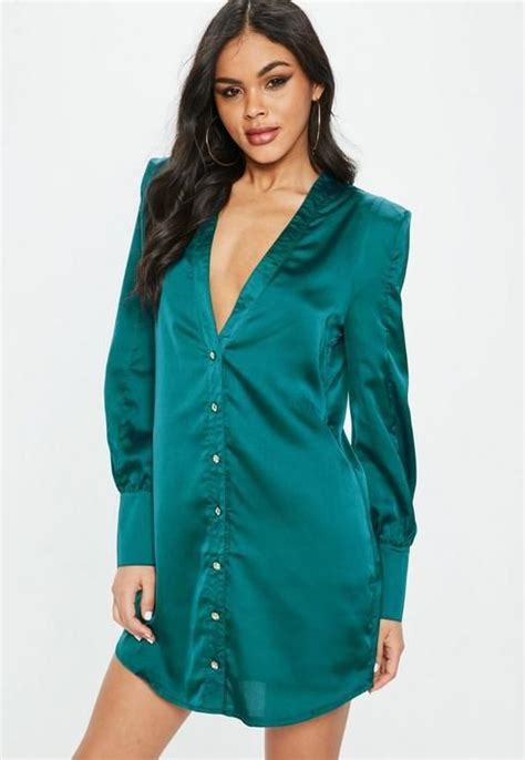 Missguided Green Satin Button Through Shirt Dress Blue Long Sleeve