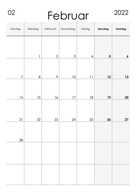 Kalender Februar 2022 Kleine Ziffern Im Hochformat Kalendersu
