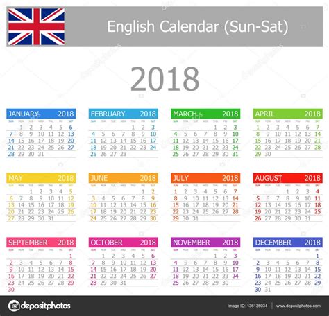 2018 English Type 1 Calendar Sun Sat — Stock Vector © Bartkowski 136136034