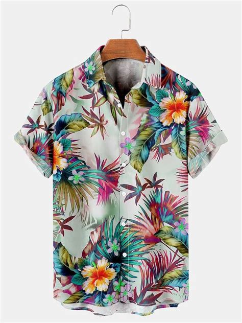 Men S Tropical Plant Floral Print Vintage Short Sleeve Hawaiian Shirt