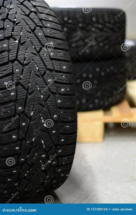 Snow Tires With Metal Studs In Garage Stock Photo Image Of Rubber