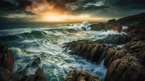 Landscape Photo Of Waves And Cliffs With Dramatic Sky And Weather