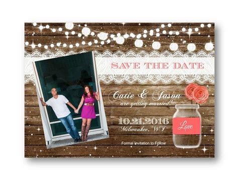 Coral Save The Date Rustic Wood And Mason Jar With String Of Lights Photo Invitation Invite Card