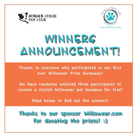 Willowear Prize Giveaway Announcement Of Winners Border Collie Fan Club