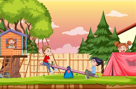 Happy Children Playing At Playground Stock Vector Illustration Of