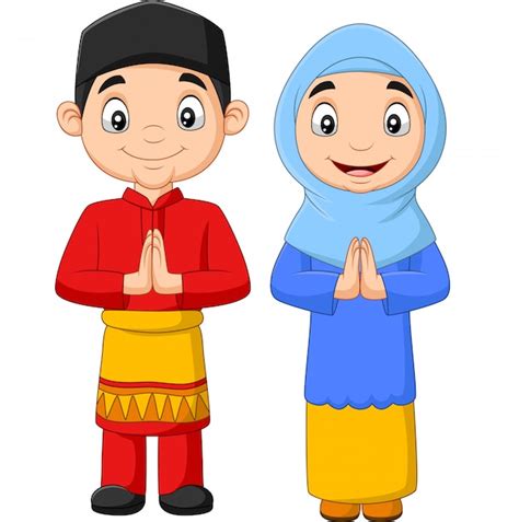 Gelukkig Moslim Kinderen Cartoon Premium Vector