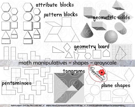 Math Manipulatives Shapes Grayscale Clipart Set By Poppydreamz