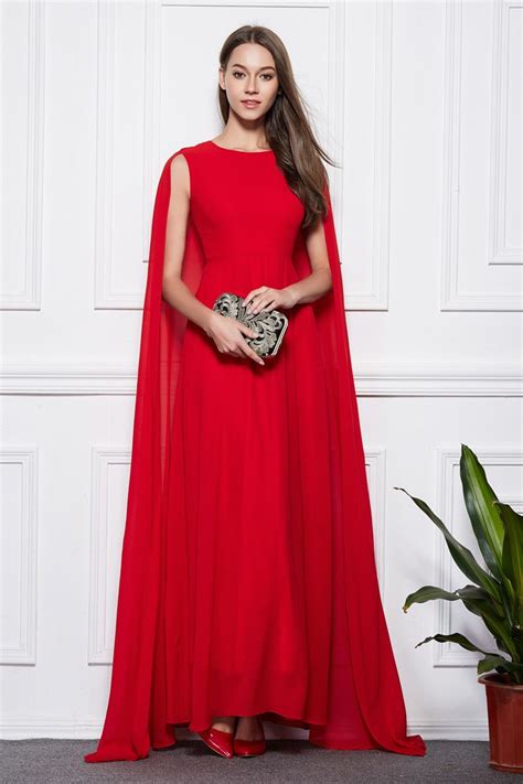 Elegant A Line Red Chiffon Long Evening Dress With Cape Ck492 1118