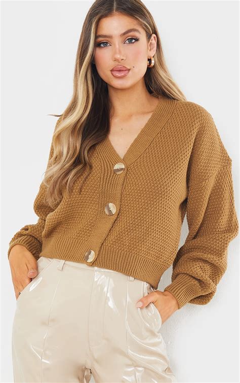 Camel Chunky Knit Button Down Cropped Cardigan Prettylittlething Ksa