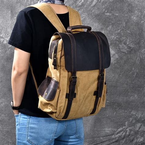 15 Inch Canvas Laptop Backpack Mens Backpack Leather Men Vintage