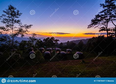 Landscape Of Mountains Sunset Pine Tree Camping Tent Thailand