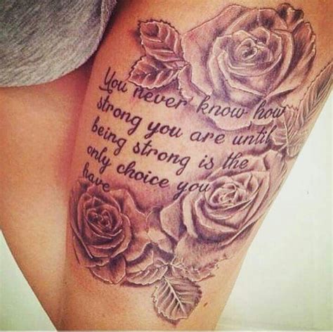 Upper Thigh Roses And Quote Tattoo Thigh Tattoo Designs Thigh