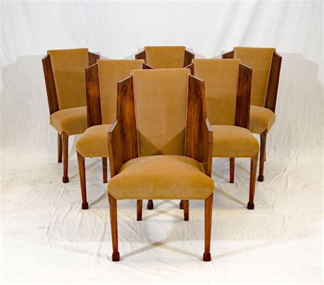 Set Of Six Burl Walnut French Art Deco Dining Chairs For