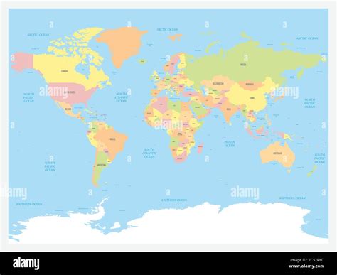 Atlas De La Carte Du Monde Carte Politique Colorée Avec Mer Bleue Et