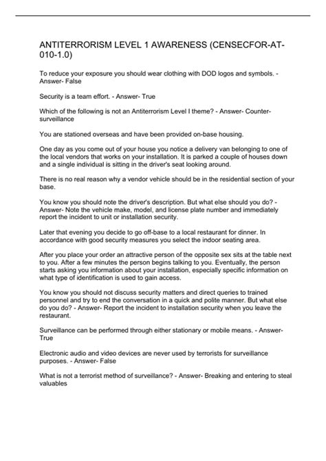 Antiterrorism Level 1 Awareness (CENSECFOR-AT-010-1.0) - Stuvia UK