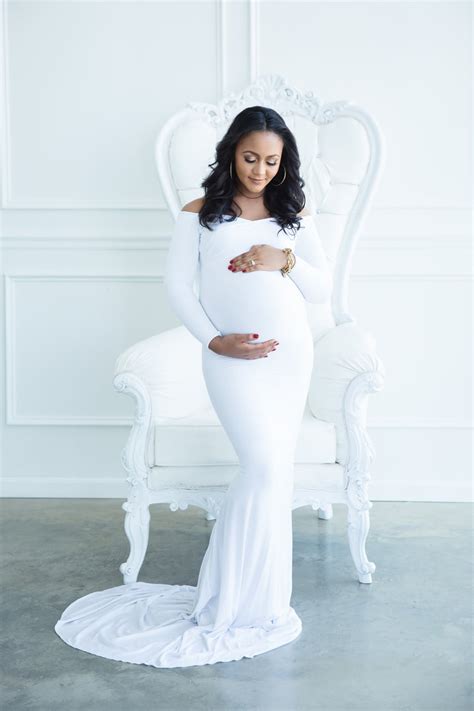Pure White Long Sleeve Maternity Gown For Photo Shoot And Baby Showers