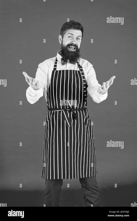 You Are Welcome Bearded Man With Greeting Gesture Wearing Bib Apron Cheerful Man Cook With