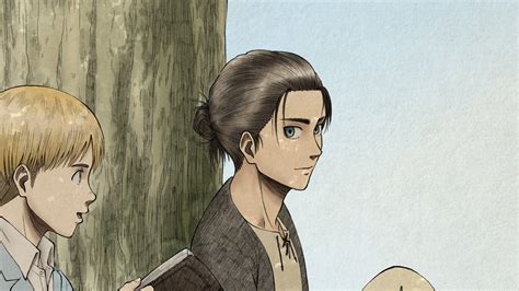 Attack On Titan Armin Arlert Eren Yeager Are Standing Near A Tree With Background Of Blue Sky Hd