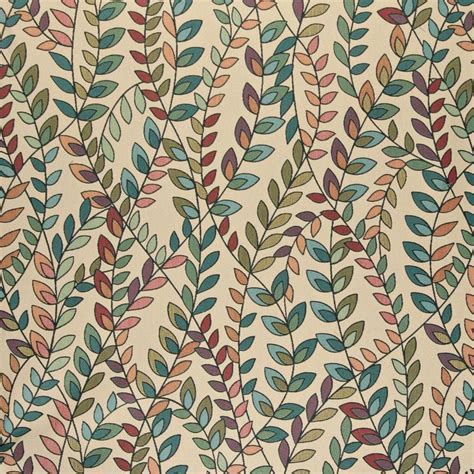 Teal Green Orange Purple Vines Leaves Contemporary Upholstery Fabric By