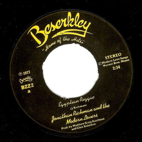 Jonathan Richman Egyptian Reggae Vinyl Record 7 Inch Beserkley 1977