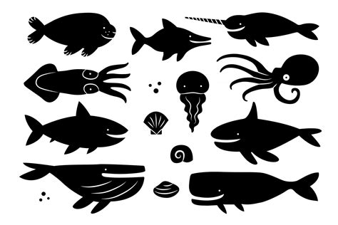 Sea Creatures Animals Fishes Black Silhouette Set Cut Board