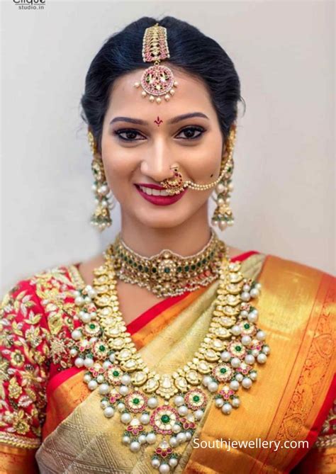 Bride In Mango Bottu Mala And Polki Choker Indian Jewellery Designs