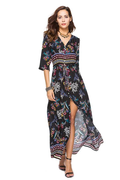 2018 Summer Women Bohemian Mono Floral Maxi Dress Rayon Buttons Front