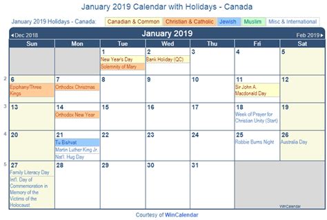 January 2019 Calendar With Canadian Holidays January2019 January