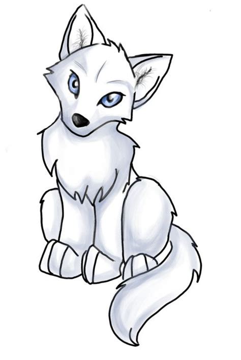 A Drawing Of A White Fox With Blue Eyes And Tail Sitting Down On The Ground