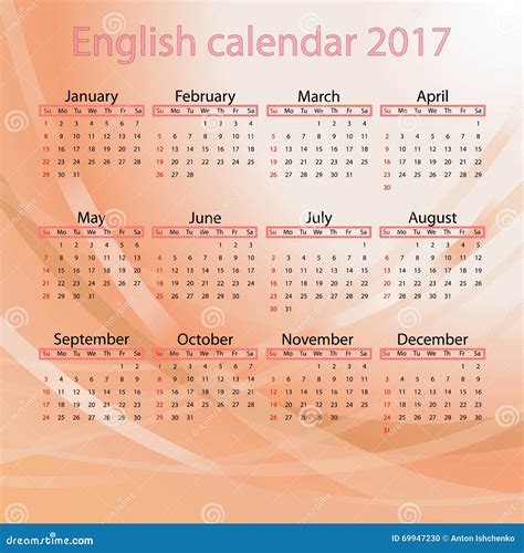 Englischer Kalender 2017 Auf Rotem Hintergrund Vektor Abbildung