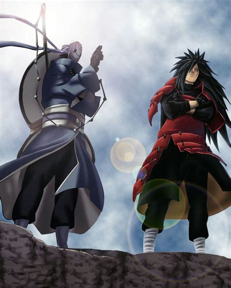 Two Anime Characters Standing Next To Each Other On Top Of A Rock