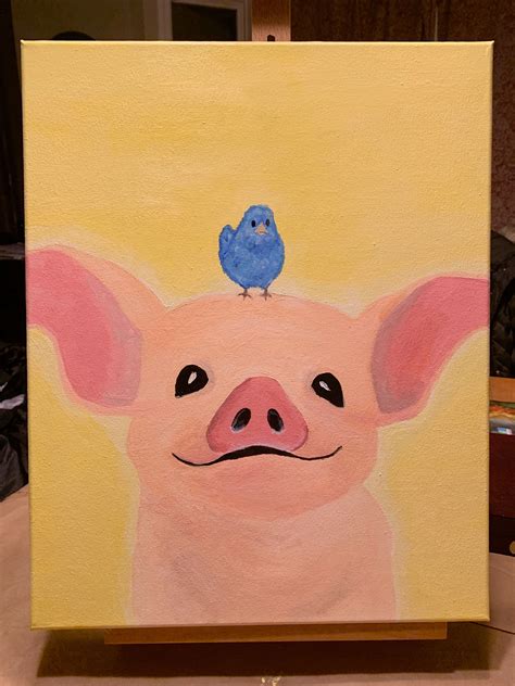 Cute Pig With Baby Blue Birdie Painted With Acrylic Paint Canvas