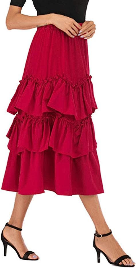 Womens Fashion Tiered Ruffle Layered Skirt High Waist A Line Long Skirts Color Red Size L