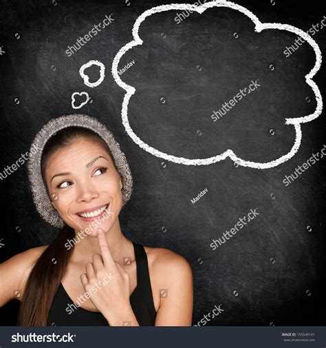 Thinking Student Hipster Woman By Blackboard With Thought Bubble Speech