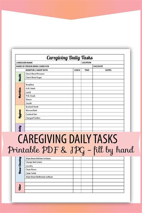 Care Giving Caregiver Daily Tasks Form Printable Pdf And  Etsy