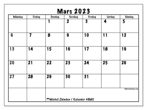 Kalender Mars 2023 För Att Skriva Ut “48ms” Michel Zbinden Se
