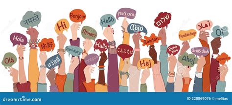 Many Arms Raised Of Diverse And Multi Ethnic People Holding Speech Bubbles With Text Hallo In