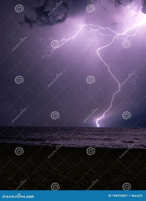 Lightning Storm At Night Over The Ocean Stock Image Image Of Blue
