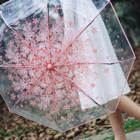 Peva Romantic Cherry Blossoms Transparent Umbrella Folding Umbrella Sun