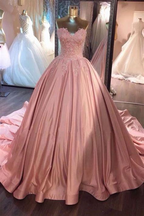 Sweetheart Lace Appliques Pink Satin Long Strapless A Line Prom Dress