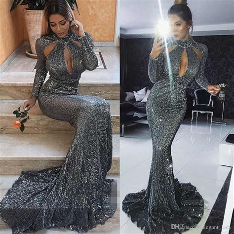 Modest Mermaid Prom Dresses 2019 Silver Hollow Out High Neck Long
