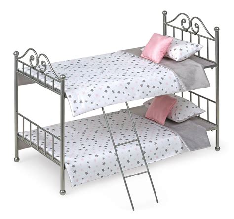 badger basket scrollwork metal doll bunk bed w ith ladder and bedding silver pink stars fits