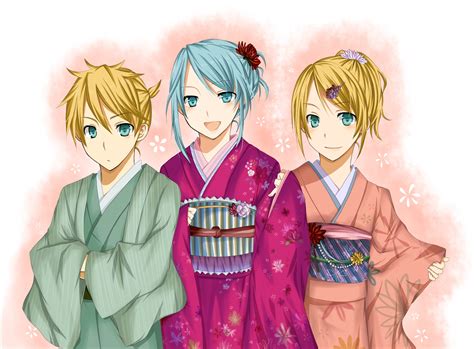 hatsune miku japanese clothes kagamine len kagamine rin kimono male vocaloid