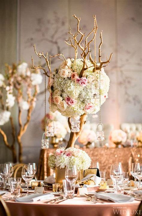 A candle lantern is a gorgeous wedding centerpiece or a base for it. Tall Light pink Manzanita Branch with hanging candles ...