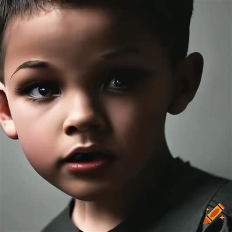 Portrait Of A 9 Year Old Boy With Black Shaved Hair And Brown Eyes On