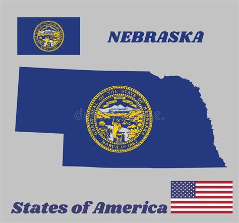 Map Outline And Flag Of Nebraska And The State Name Seal Of Nebraska