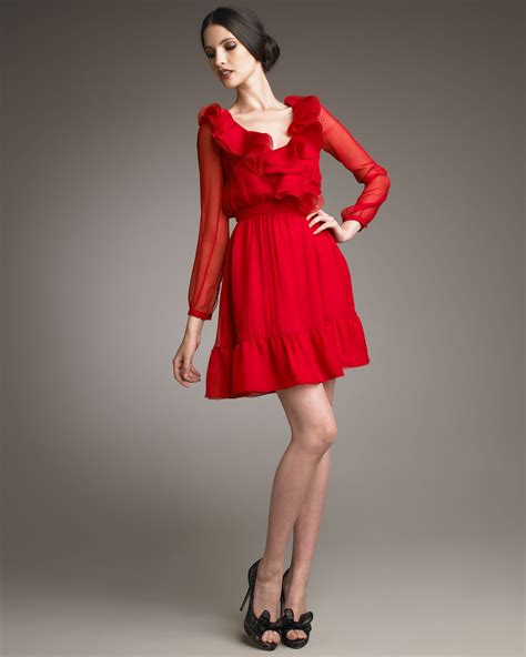 valentino ruffle neck dress in red lyst