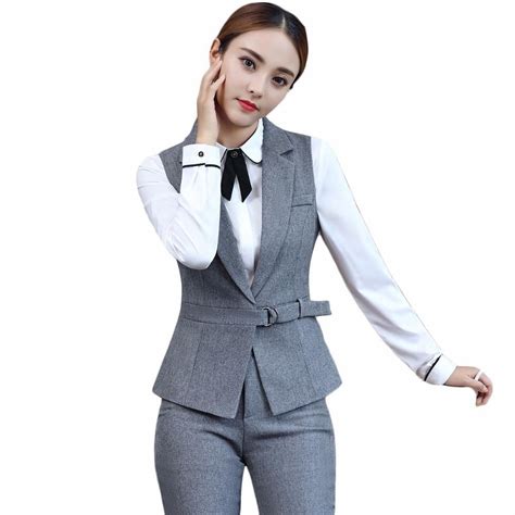 2 Piece Set Elegant Pant Suit Size S 4xl Waistcoat Belt Gray Vest Women Sleeveless Jacket Blazer