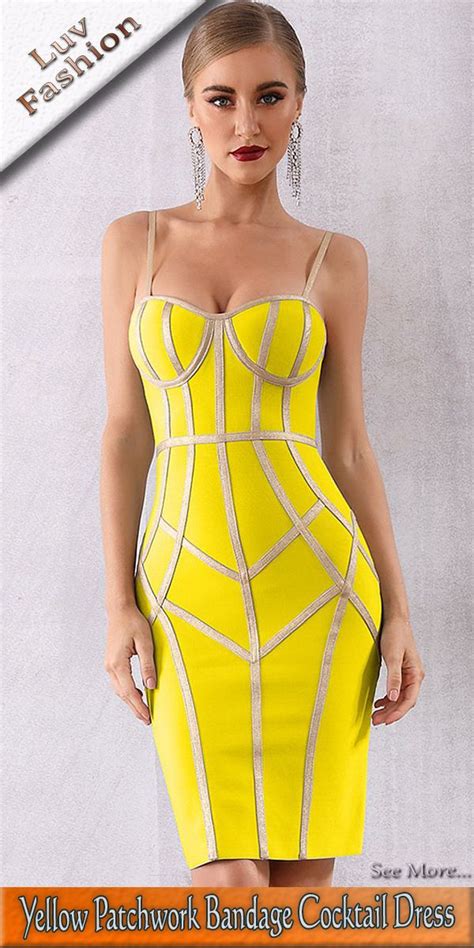 Yellow Patchwork Bandage Cocktail Dress In 2020 Bodycon Cocktail