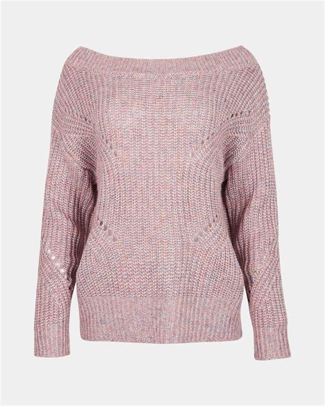 Sparkle Yarn And Pointelle Pink Wide Neck Knitted Jumper Oliver Bonas